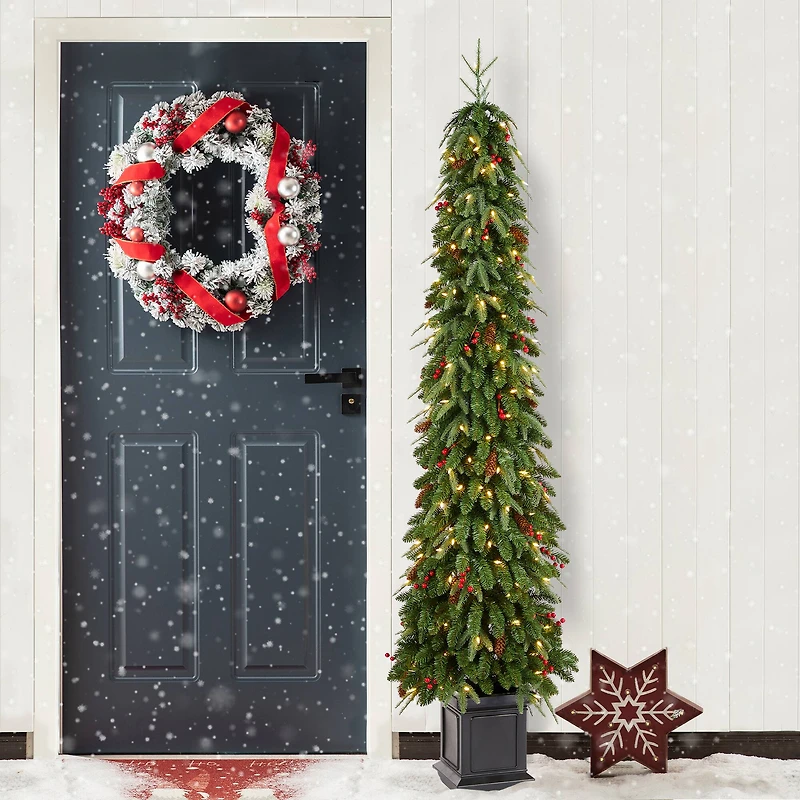 Glitzhome® 7ft Pre-lit Green Artificial Christmas Porch Tree, Warm White Lights