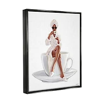 Stupell Industries Chic Coffee Teacup Woman Sipping Robe Sunglasses Framed Floater Canvas Wall Art