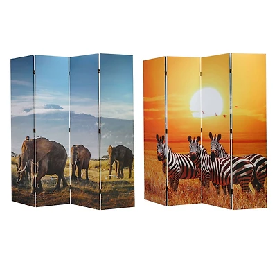 American Art Decor™ 6ft. Double-Sided 4-Panel African Elephants & Zebras Animals Canvas Privacy Screen