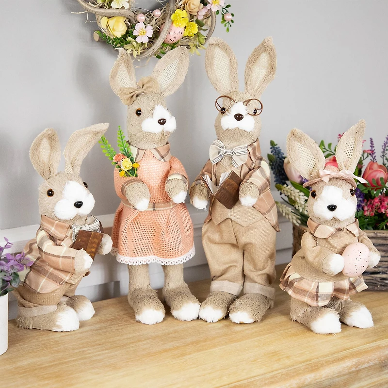 12" Beige Girl Easter Rabbit Figurine with Plaid Dress