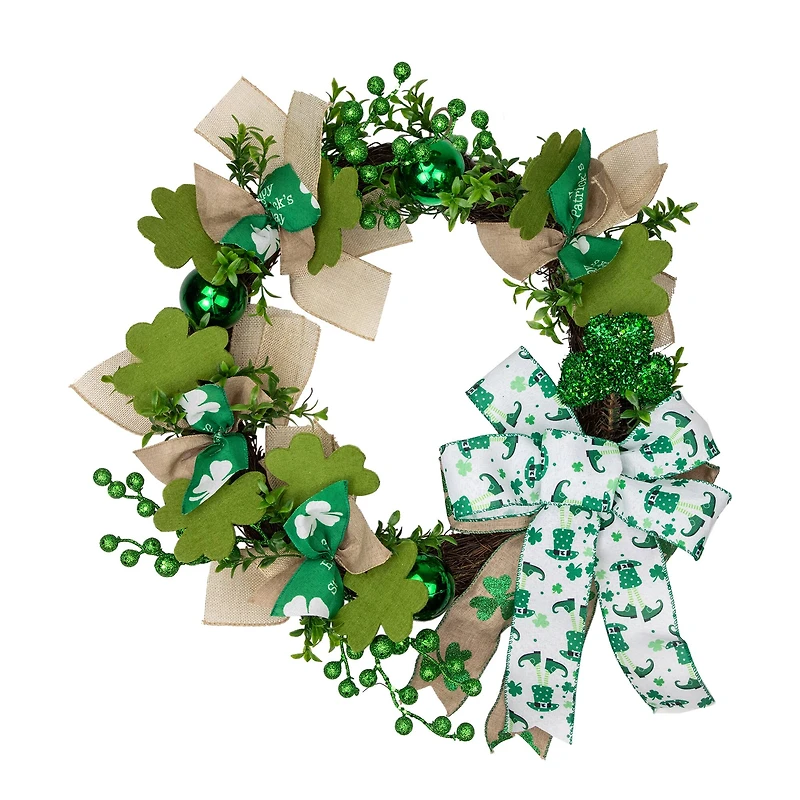 Burlap Bows and Shamrocks St. Patrick's Day Wreath 24" Unlit