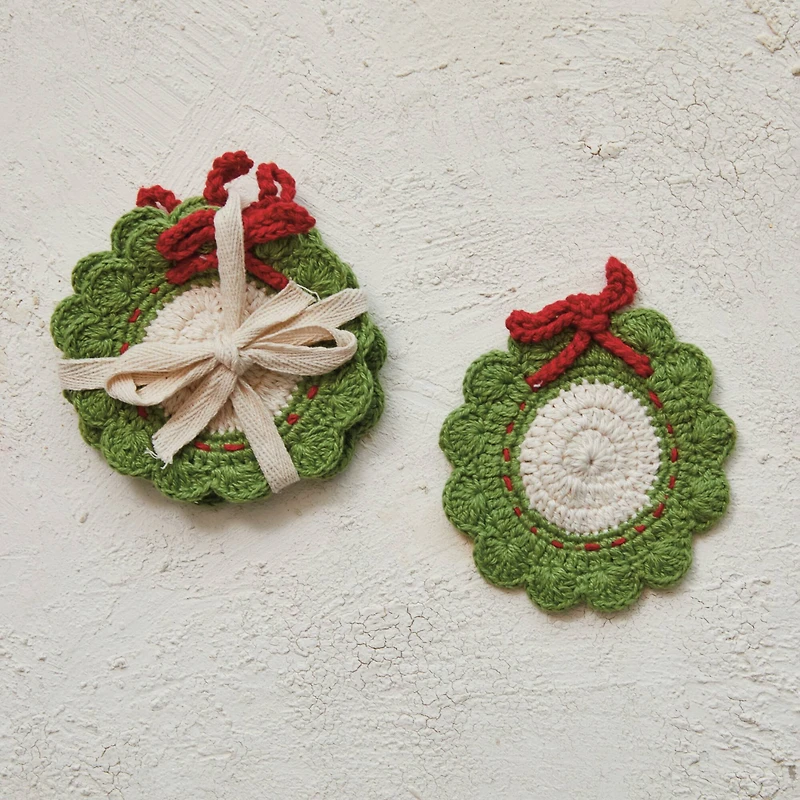 Hello Honey® 4" Green, Red & White Wreath Crocheted Cotton Coasters, 4ct.