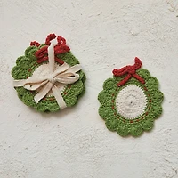 Hello Honey® 4" Green, Red & White Wreath Crocheted Cotton Coasters, 4ct.