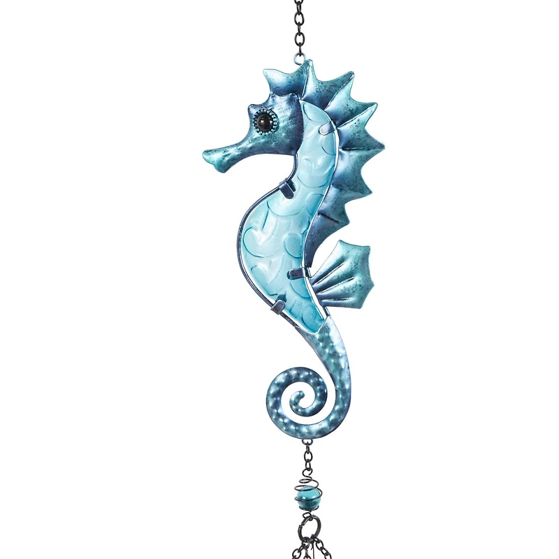 Blue Sea Life Metal Dolphin & Seahorse Windchime with Dangling Seashells Set