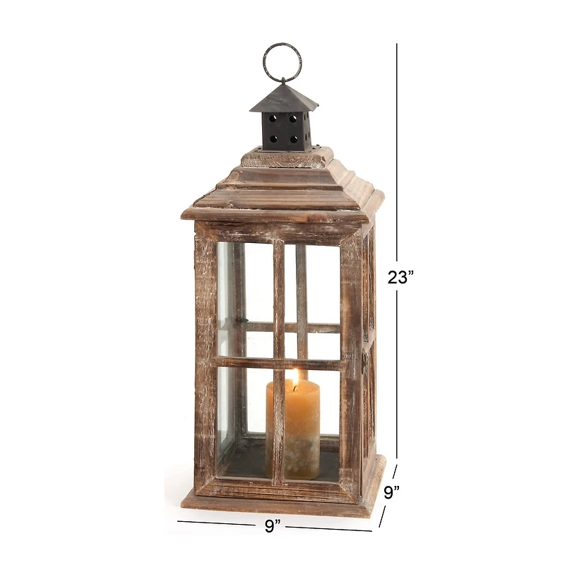 23" Brown Chinese Fir Traditional Candle Holder Lantern
