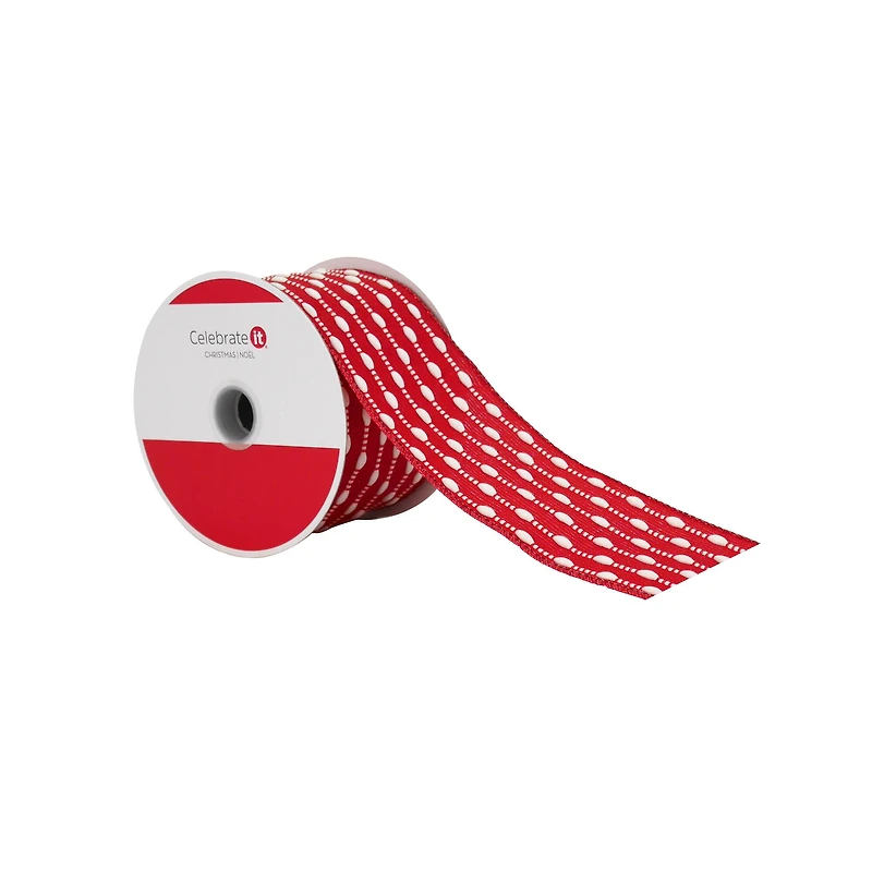 2.5" x 20ft. Red & White Stitch Wired Ribbon by Celebrate It®