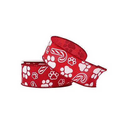 1.5" x 30ft. Red & White Paw Prints Wired Ribbon by Celebrate It®