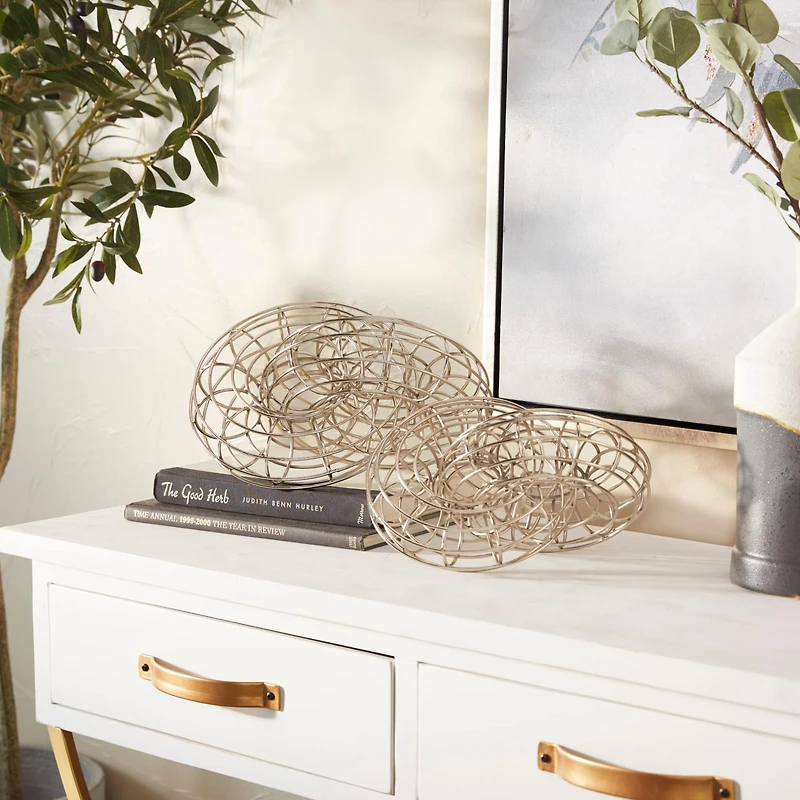 Set of 2 Silver Metal Contemporary Sculptures, 7" x 7" x 9"