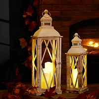 Glitzhome® White Farmhouse Wood & Metal Lantern Set