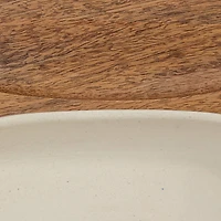 Hello Honey® 13" Cream Stoneware Serving Dish with Natural Mango Wood Base