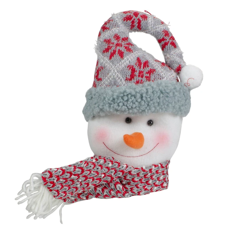 11" Gray & Red Plush Knit Snowman Head Christmas Ornament