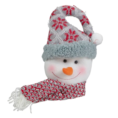 11" Gray & Red Plush Knit Snowman Head Christmas Ornament