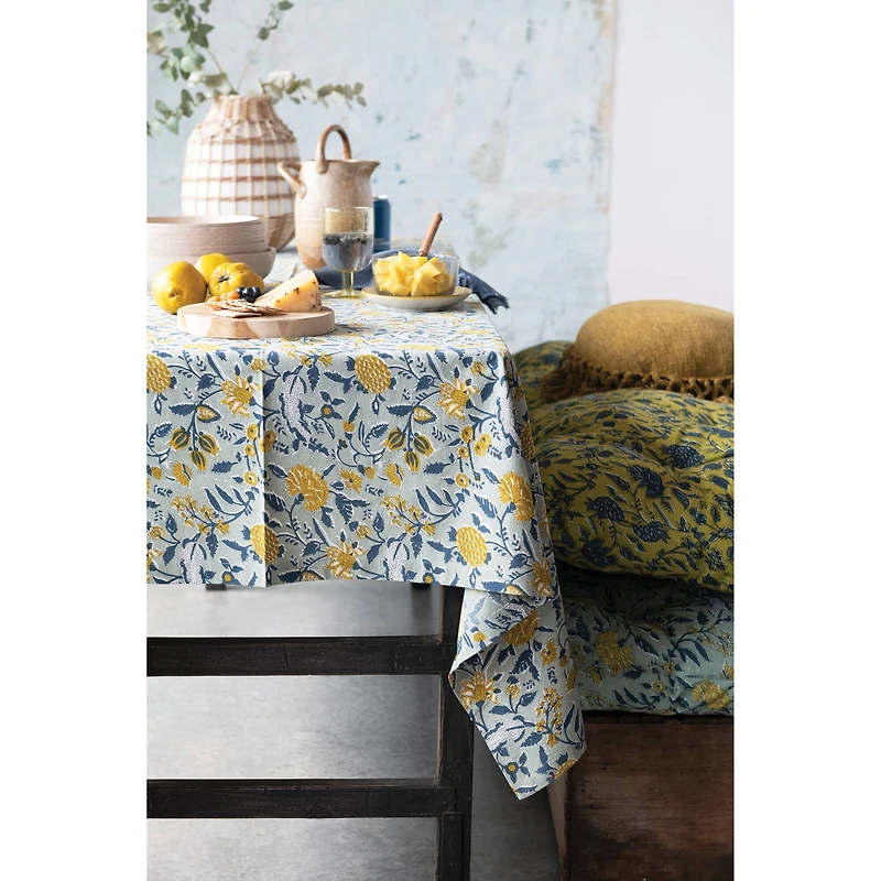 Hello Honey® Chartreuse & Blue Floral Pattern Cotton Pillow with Yarn-Wrapped Tassels