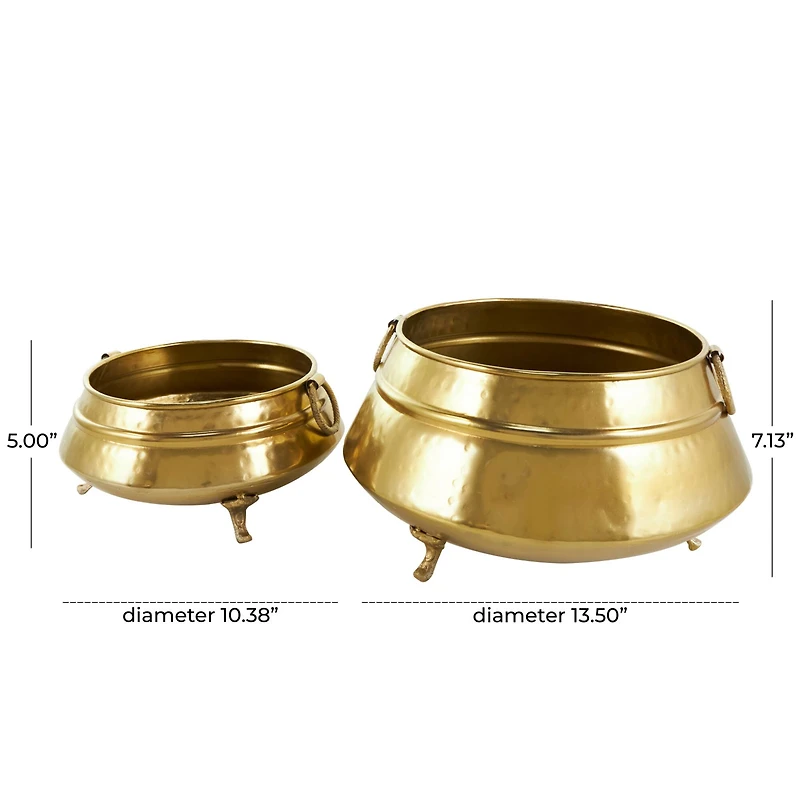 Gold Metal Scroll Foot Hammered Pot Planter Set