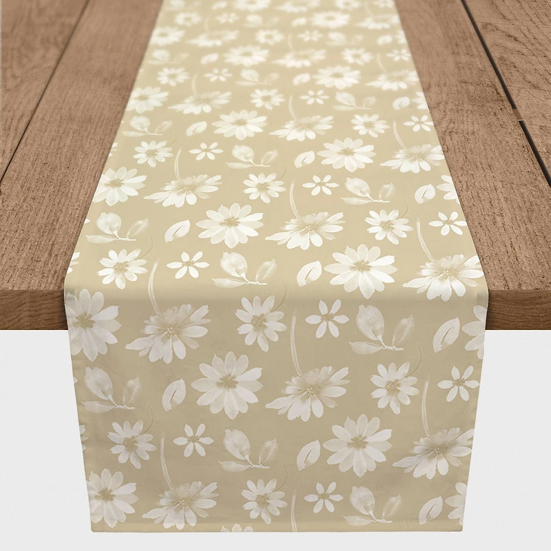 7.5ft. Tan & White Florals Cotton Twill Table Runner