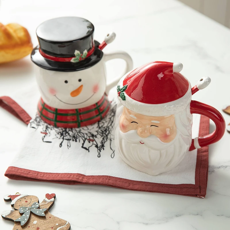 Glitzhome® Christmas Ceramic Santa & Snowman Mug with Lid & Spoon Set