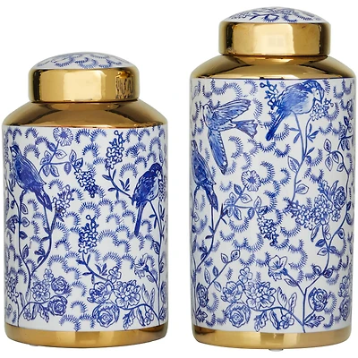 The Novogratz Blue & Gold Ceramic Floral Decorative Jars Set