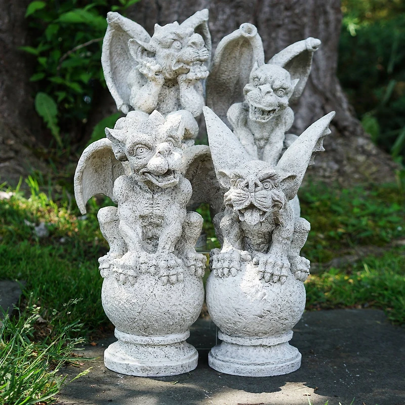 Gargoyles on Pedestals Outdoor Garden Statue Set