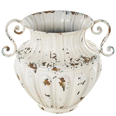 10" Distressed Cream Metal Vintage Amphora Vase