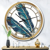 Designart Gold & Indigo Feathers III Glam Wall Clock