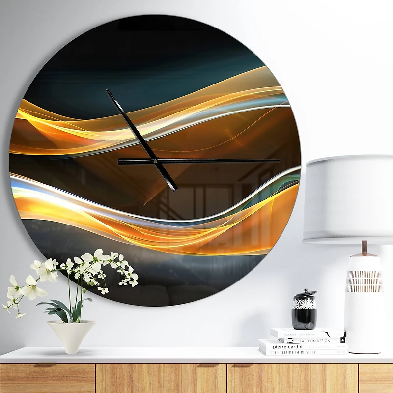 Designart 3D Gold Waves In Black Modern Wall Clock