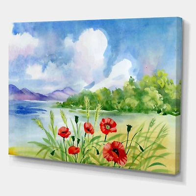 Designart - Red Tulips On The Bank Near A Mountain River