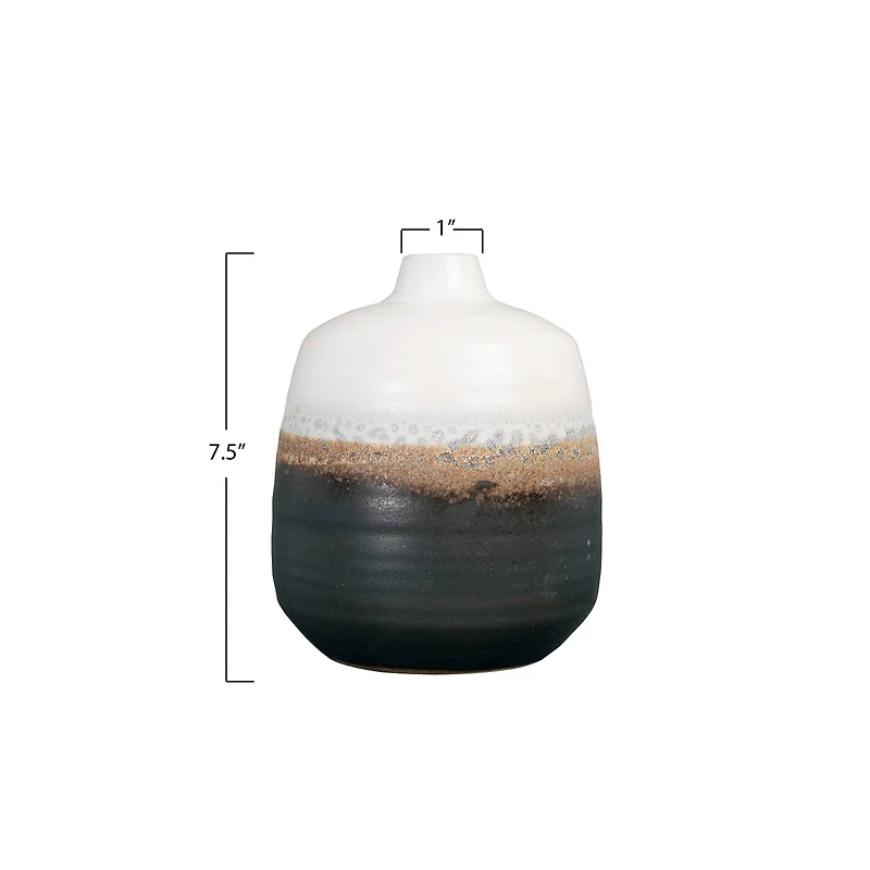 Hello Honey® 7.5" Black & White Ceramic Vase with Brown Reactive Glaze Accent