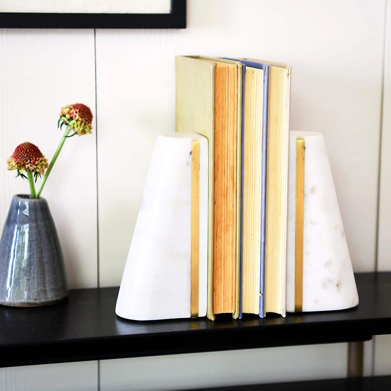 Hello Honey® 6" White Geometric Marble Bookends with Brass Inlay, 2ct.