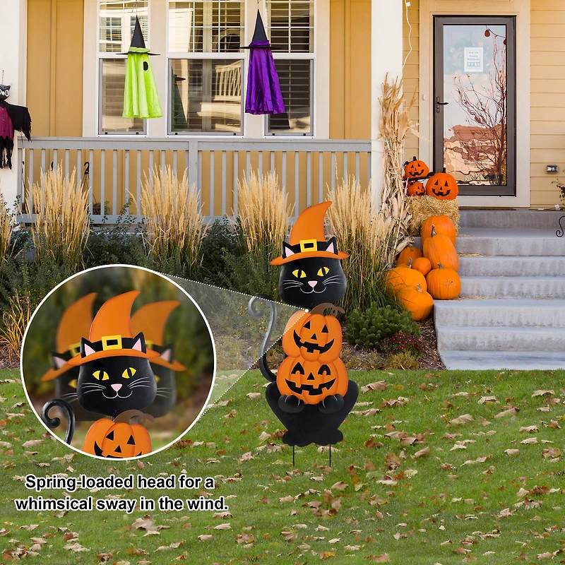 Glitzhome® 36"H Halloween Metal Black Cat with Spring Head and Stacked Pumpkin Yard Stake