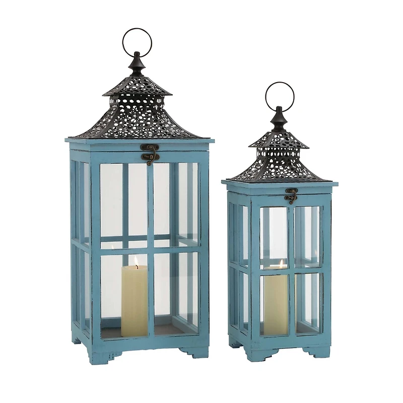 Set of 2" Turquoise Wood Coastal Lantern, 21", 26"