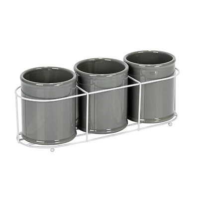 Hello Honey® 11.5" Gray Farmhouse Ceramic Crocks in White Metal Holder