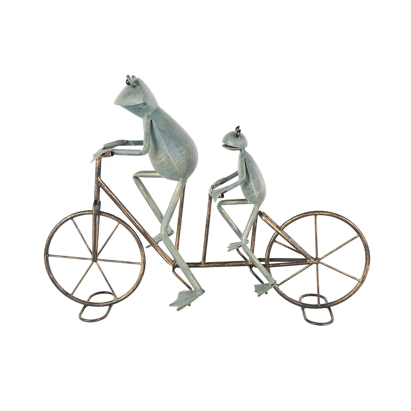 23.5" Frog Duo on Bicycle Metal Garden Sculpture with Gold Accents