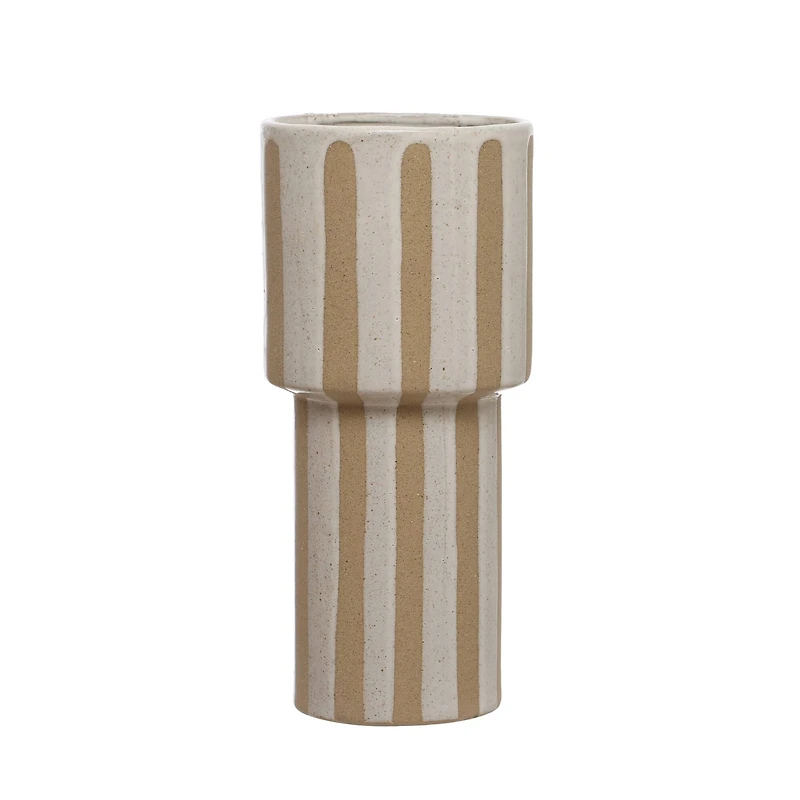 Hello Honey® 11" Cream & Brown Wax Relief Striped Round Stoneware Vase