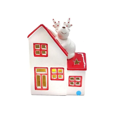 Wizardi 8.27" x 11.81" Ceramic Cottage with Reindeer Christmas Ornament, 1pc.