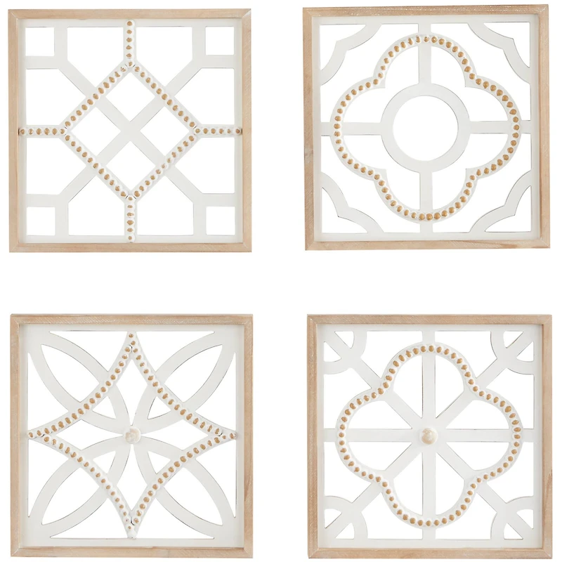 White Wood Beaded Geometric Wall Decor Set of 4 15", 15"