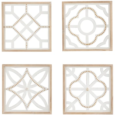 White Wood Beaded Geometric Wall Decor Set of 4 15", 15"
