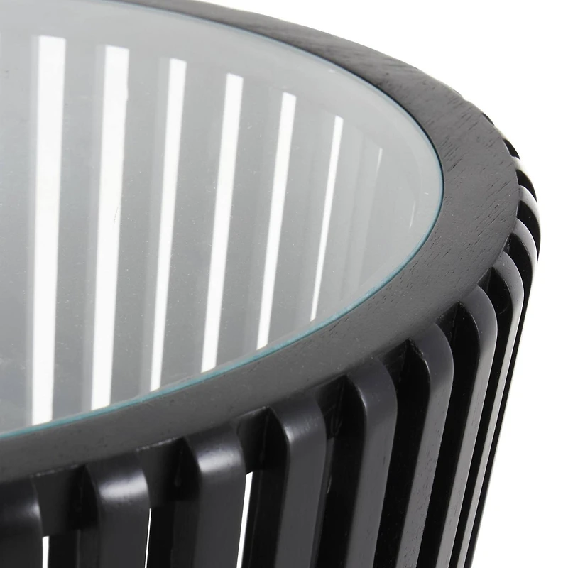 Black Wood Cage Inspired Accent Table with Clear Glass Tabletop Set
