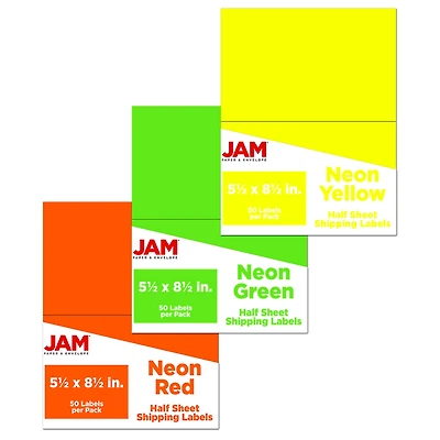 JAM Paper Assorted Bright Neon Color Half Sheet Shipping Labels, 5.5" x 8.5"
