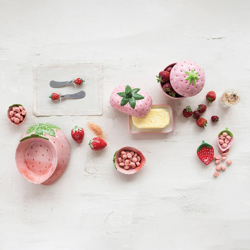 Hello Honey 2-Piece Stainless Steel Canape Knives with Glass Strawberry Shaped Handles, Red and Green