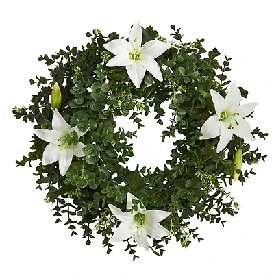 18" Eucalyptus & Lily Double Ring Wreath with Twig Base