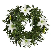 18" Eucalyptus & Lily Double Ring Wreath with Twig Base