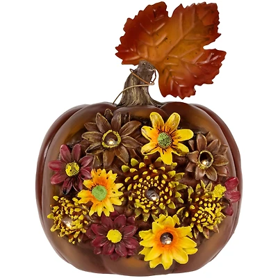 7.75" Brown & Red LED Floral Pumpkin Tabletop Décor