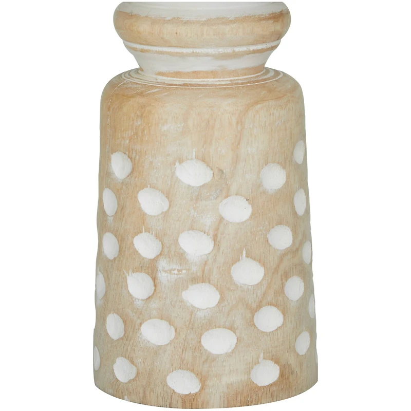 Light Brown Wood Carved Dotted Pillar Candle Holder Set