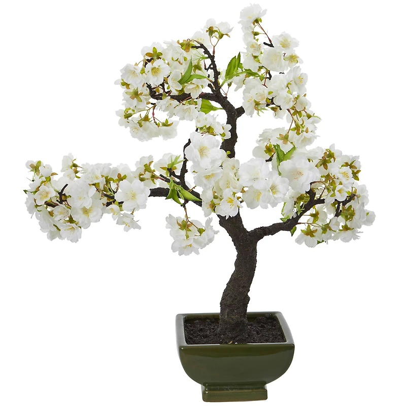 20" White Cherry Blossom Bonsai Tree in Green Planter