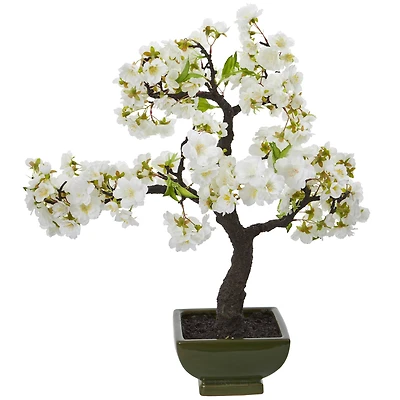 20" White Cherry Blossom Bonsai Tree in Green Planter