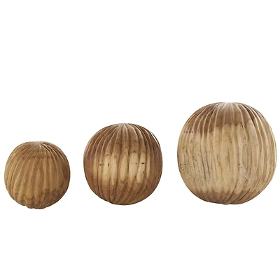 Brown Teak Wood Carved Textured Orbs Set