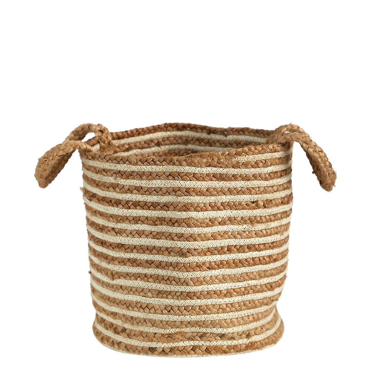 14'' Handwoven Stripe Natural Cotton and Jute Boho Chic Basket Planter