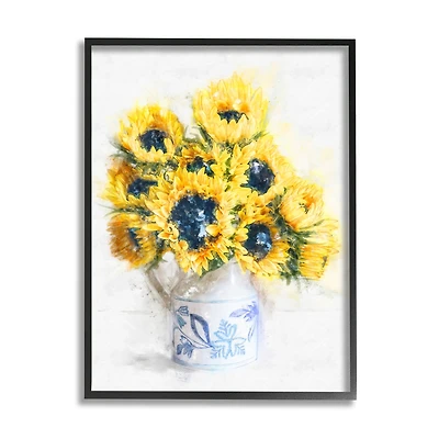 Stupell Industries Country Inspired Sunflower Bouquet Blue Pattern Vase Framed Wall Art