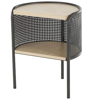 22.25" Light Brown Wooden Half-Moon Two-Toned 1-Shelf Accent Table with Mesh Back Panel