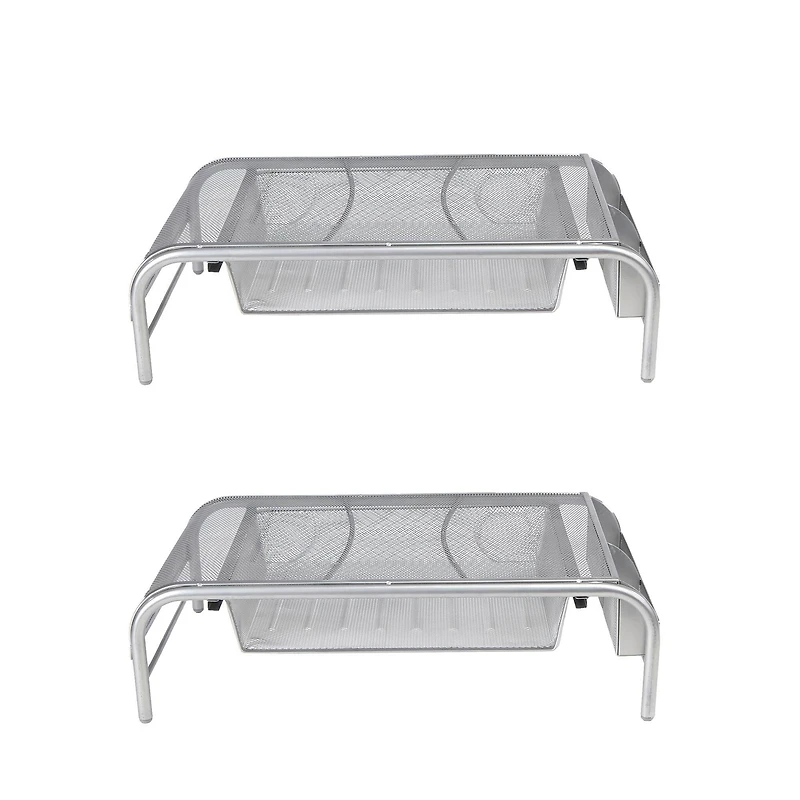 Mind Reader Silver Metal Mesh Monitor Riser Stand & Desk Drawer Organizer Set